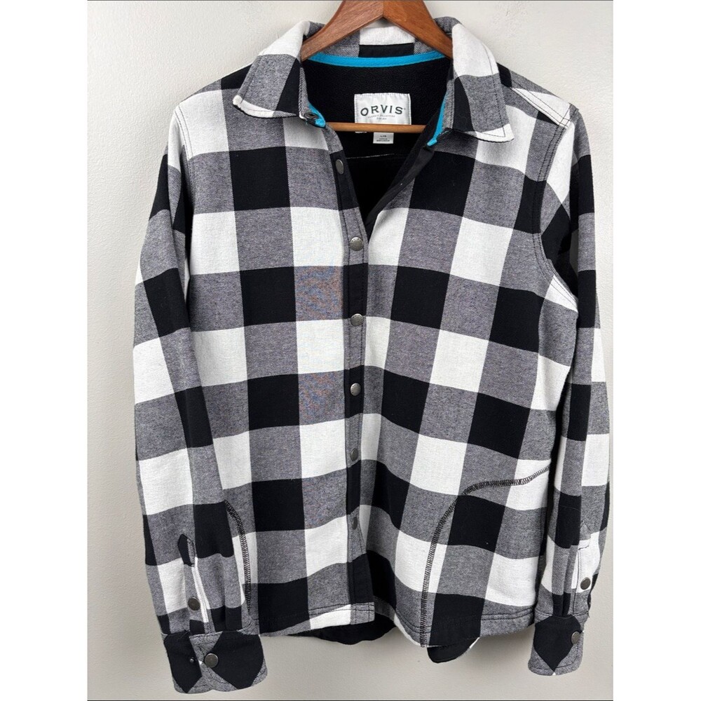 Orvis Black and White Buffalo Plaid Snap Shirt Jacket with Teal Trim Large